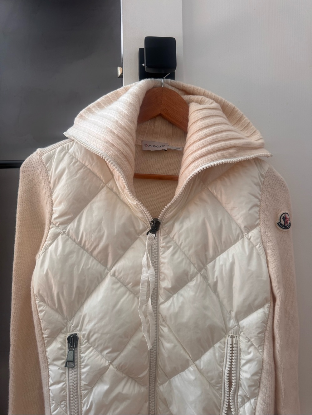 Moncler Women's Cream Quilted Knit-Trim Zip Jacket